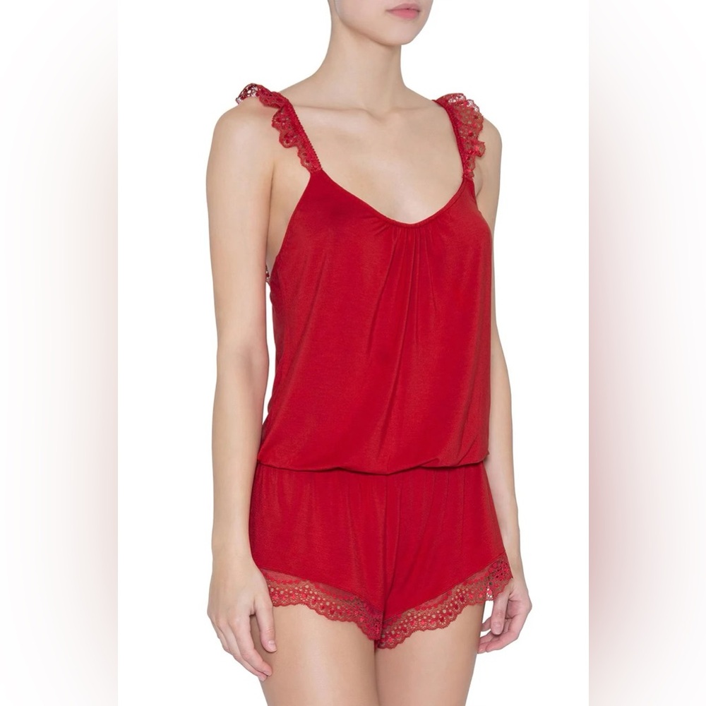 Eberjey Myla Enchanted Teddy Pajama Romper Haute Red Size S NWT